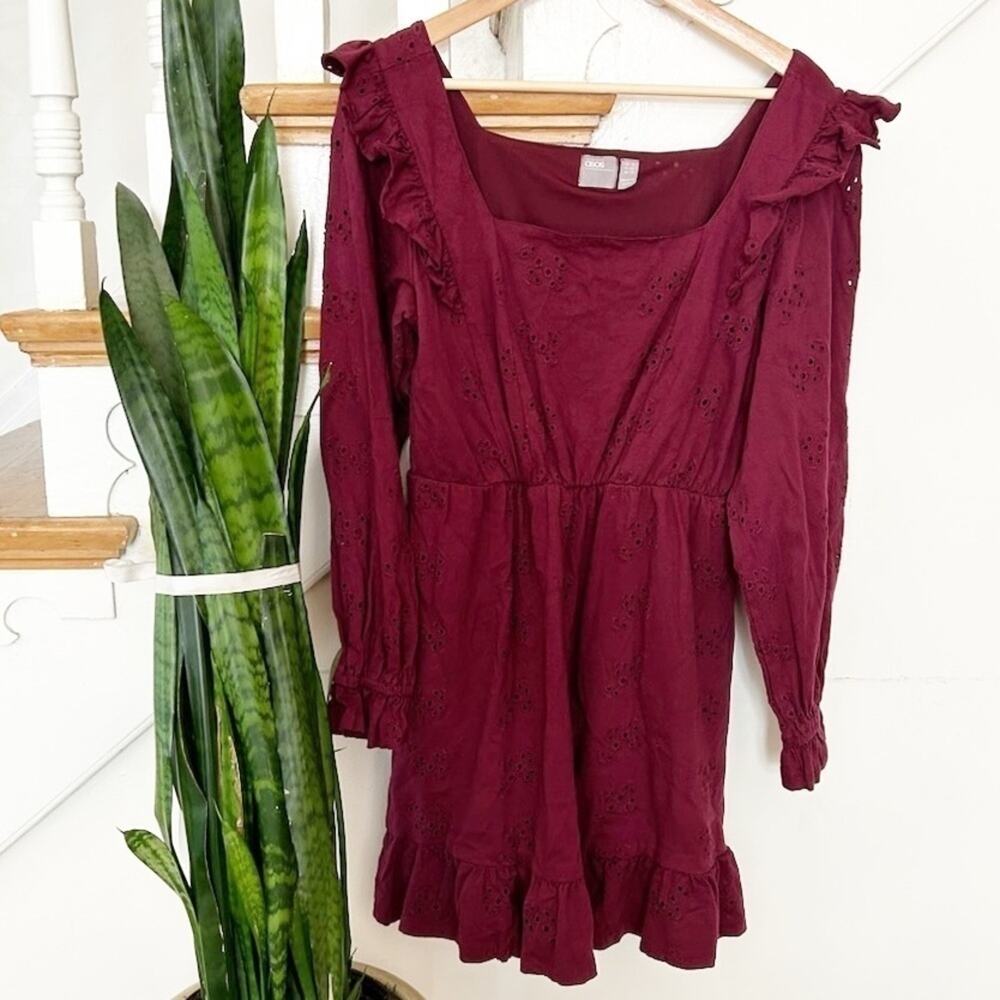 ASOS Broderie Long Sleeve Eyelet Mini Dress with Frill Shoulder in Berry Size 10